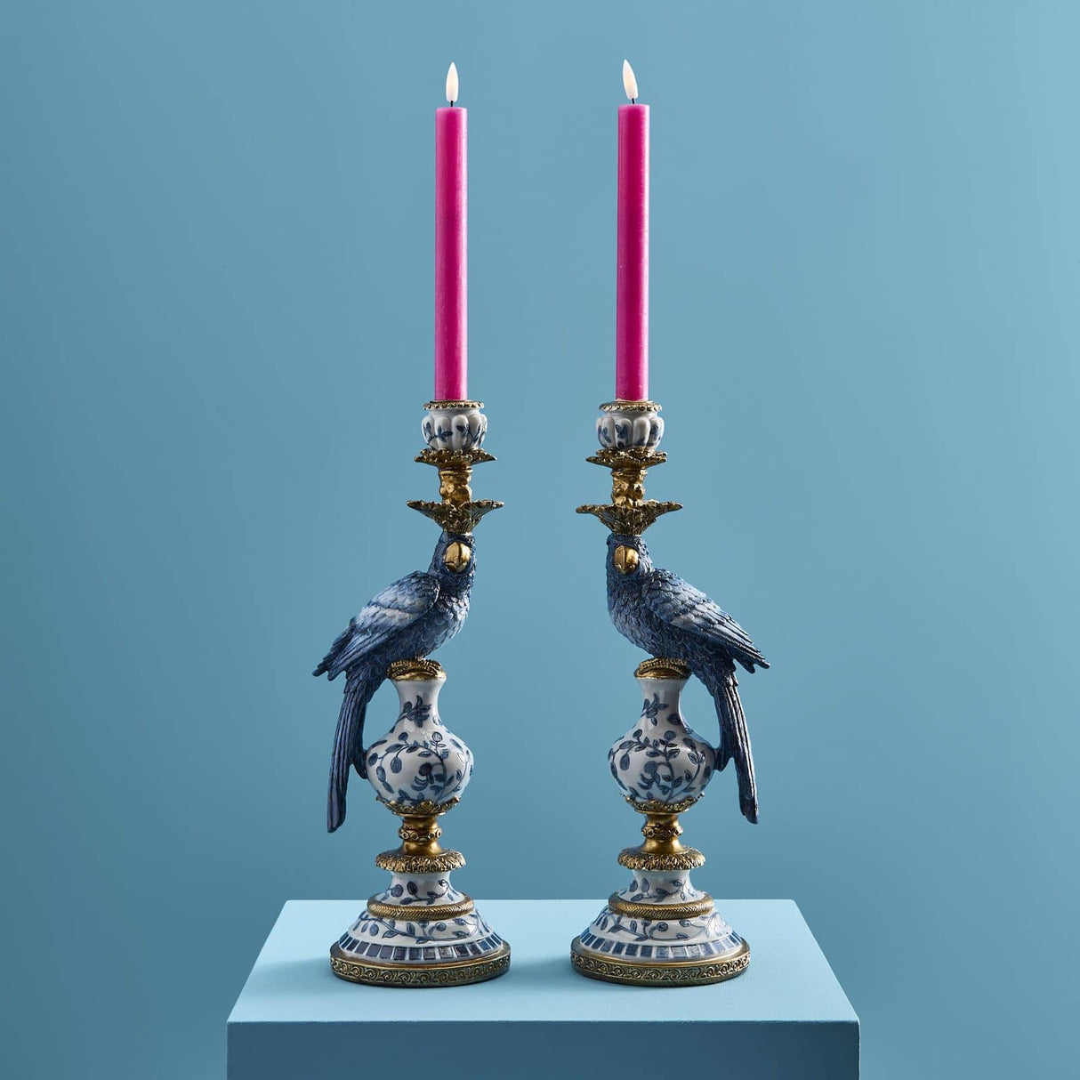 WERNS Candelabro Portacandele Pappagalli Set 2 Pezzi 39,5cm Blu Poliresina e Metallo