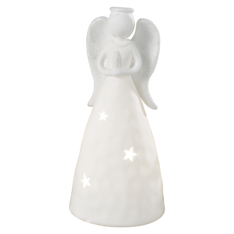 MASCAGNI CASA Angelo di Natale con LED Decorazione Natalizia 24cm Ceramica Bianco