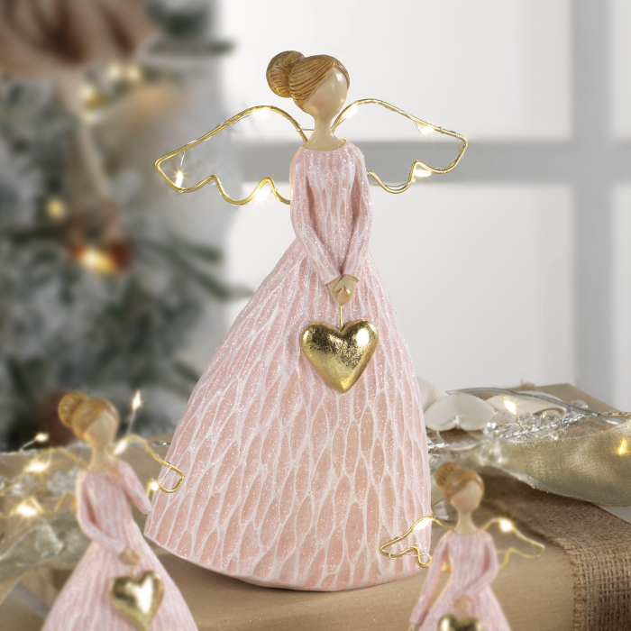 MASCAGNI CASA Angelo di Natale con LED Decorazione Natalizia 20,5cm Rosa Resina