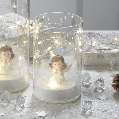 MASCAGNI CASA Bicchiere Vasetto con Angelo e LED 15cm Vetro Bianco