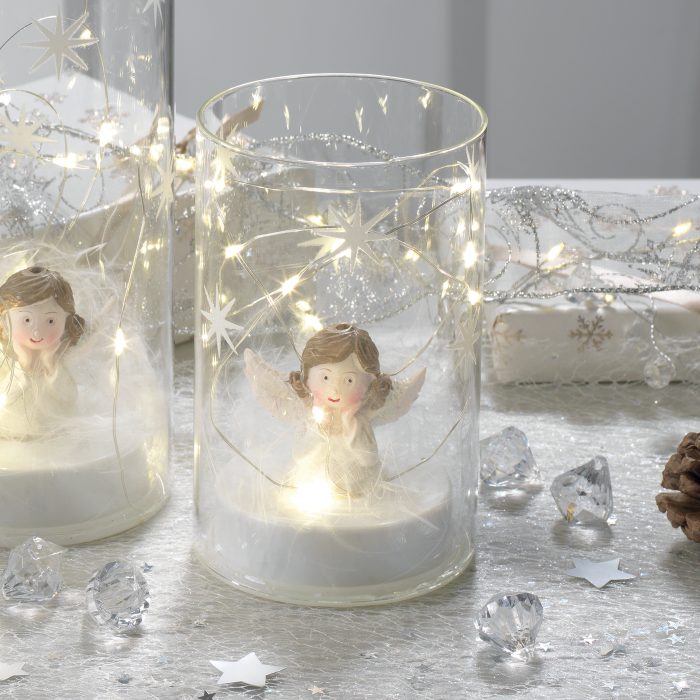 MASCAGNI CASA Bicchiere Vasetto con Angelo e LED 15cm Vetro Bianco