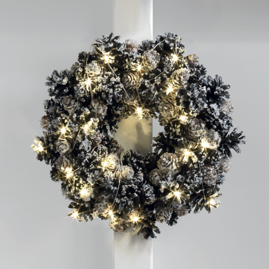 MASCAGNI CASA Ghirlanda Corona con Pigne e 20 LED 30cm Effetto Ghiacciato
