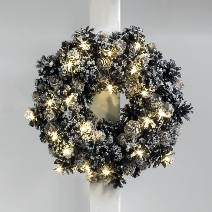 MASCAGNI CASA Ghirlanda Corona con Pigne e 20 LED 30cm Effetto Ghiacciato