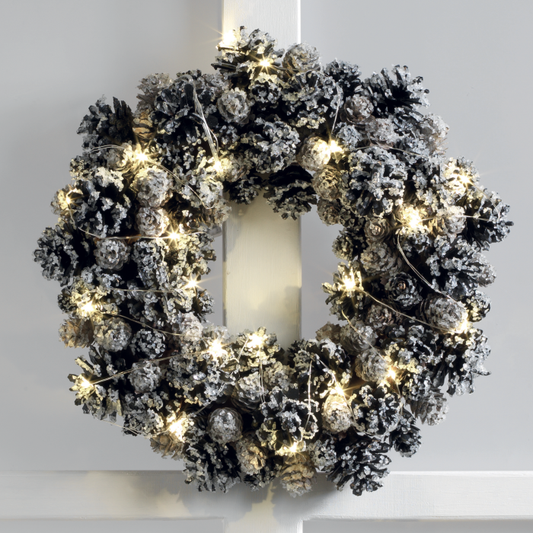 MASCAGNI CASA Ghirlanda Corona con Pigne e 20 LED 35cm Effetto Ghiacciato