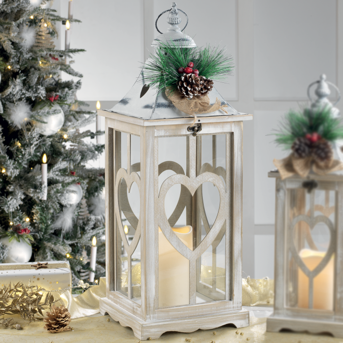 MASCAGNI CASA Lanterna di Natale Shabby Chic con Luce LED 58cm Legno e Metallo