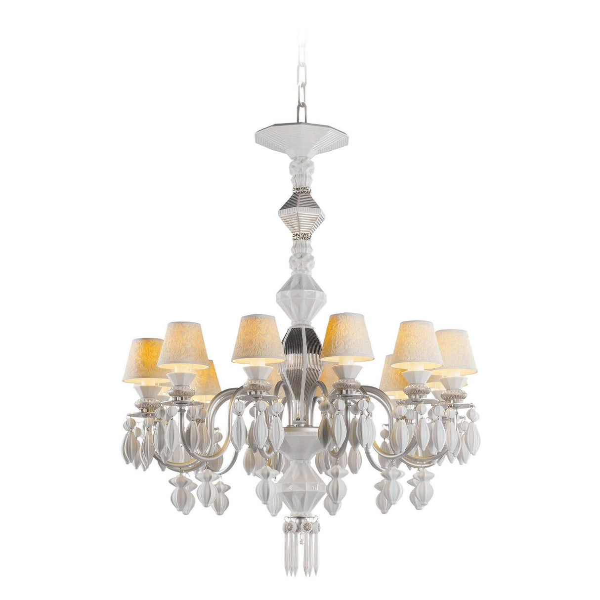 LLADRO' Chandelier Belle De Nuit 12 Luci Lustro Argento 100x65cm Porcellana