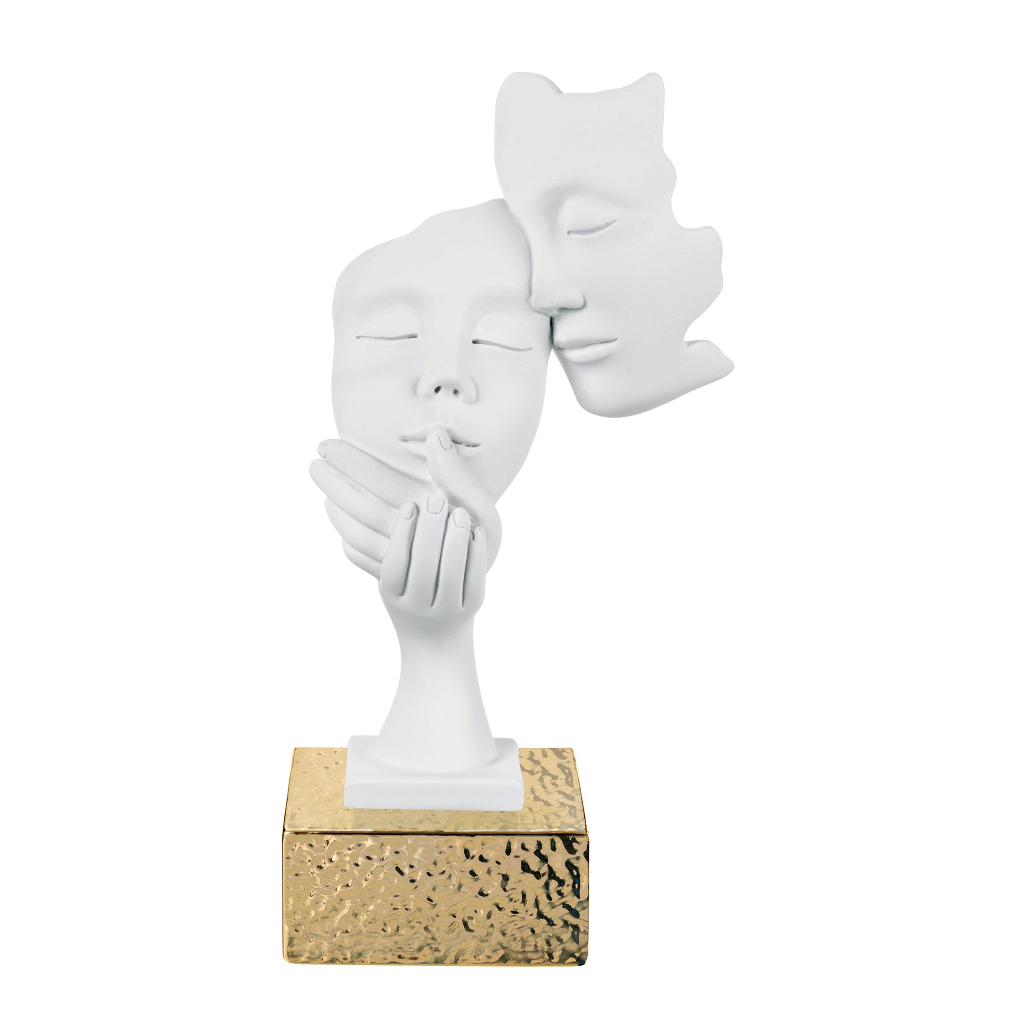 BONGELLI PREZIOSI Figura Statua Moderna Coppia Face 28cm Bianco Base Oro Marmorino