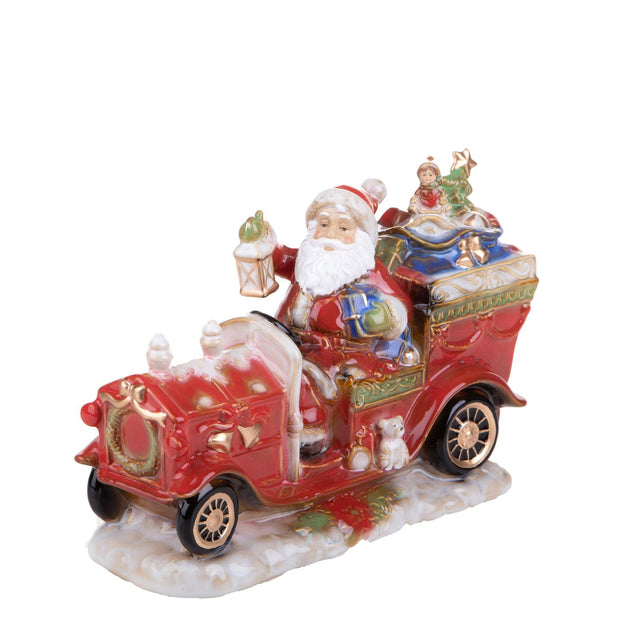 Statuina Babbo Natale su auto Bianchi Dino in porcellana decorata 34 cm