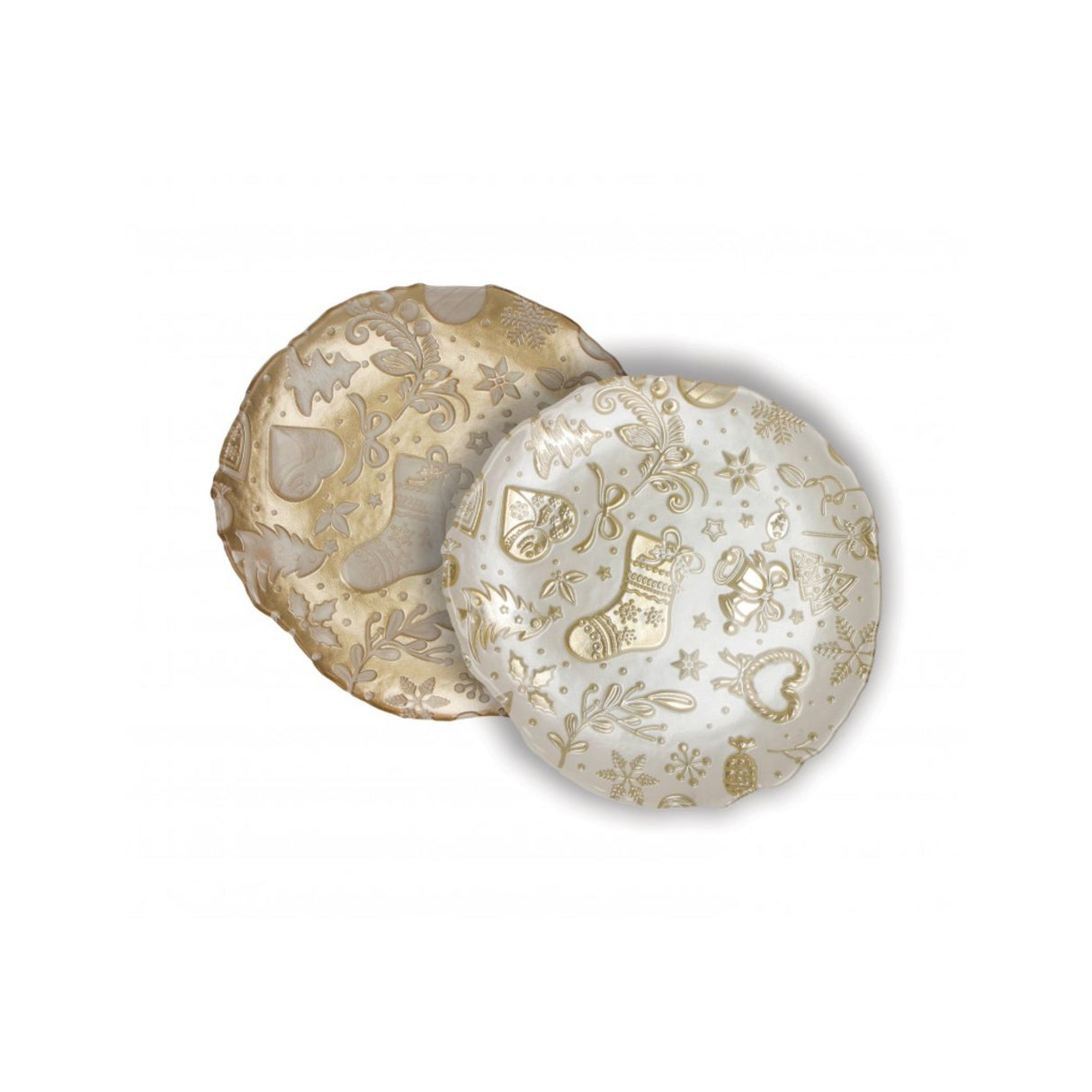 BRANDANI  - Set 2 Piattini Assortiti Bianco/Oro Christmas cm 21 Vetro 83752