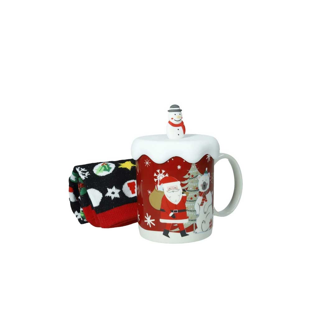 BRANDANI Tazza MUG Natalizia con Tappo e Calzini 9,5x8cm Porcellana