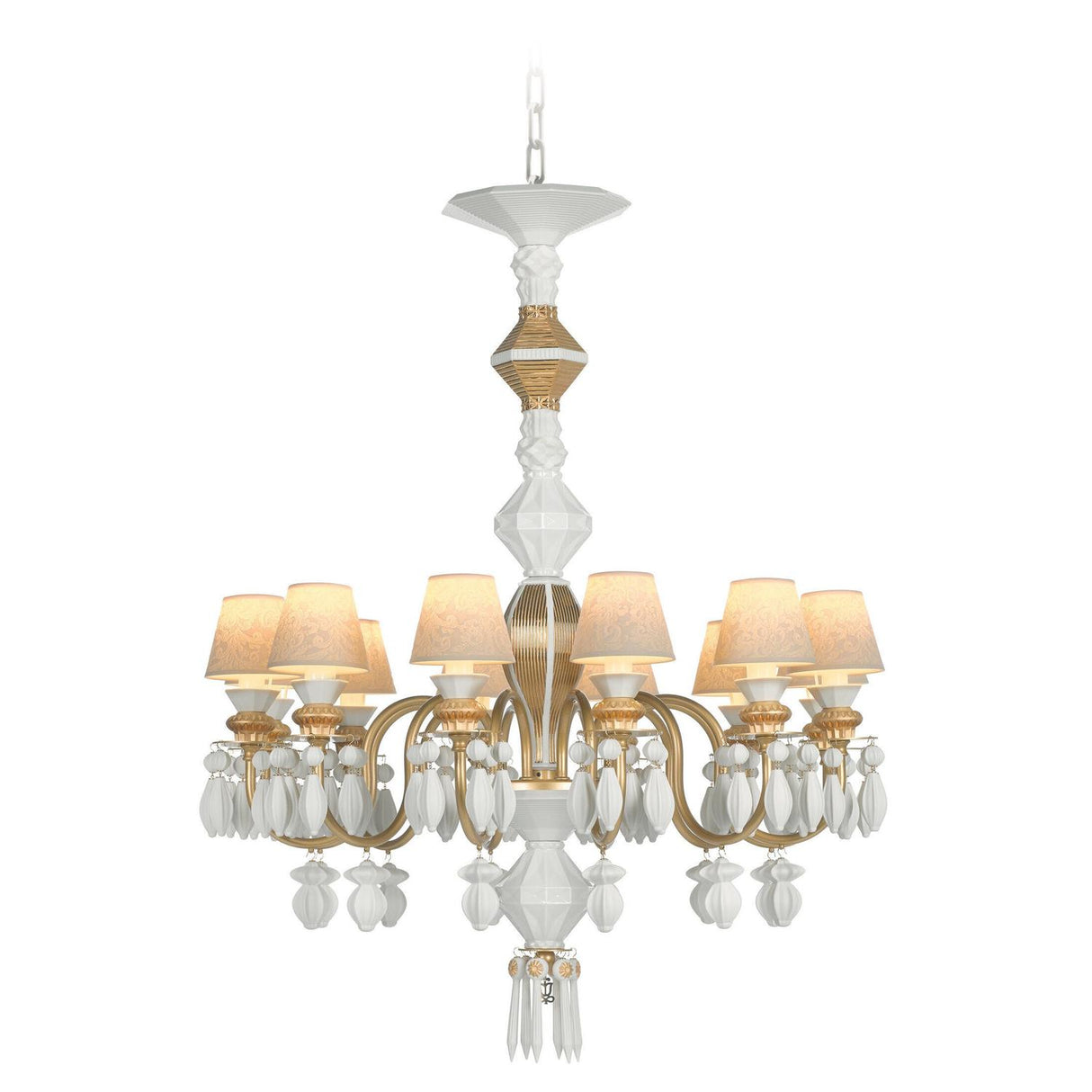 LLADRO' Chandelier Belle De Nuit 12 Luci Lustro Oro 100x65cm Porcellana