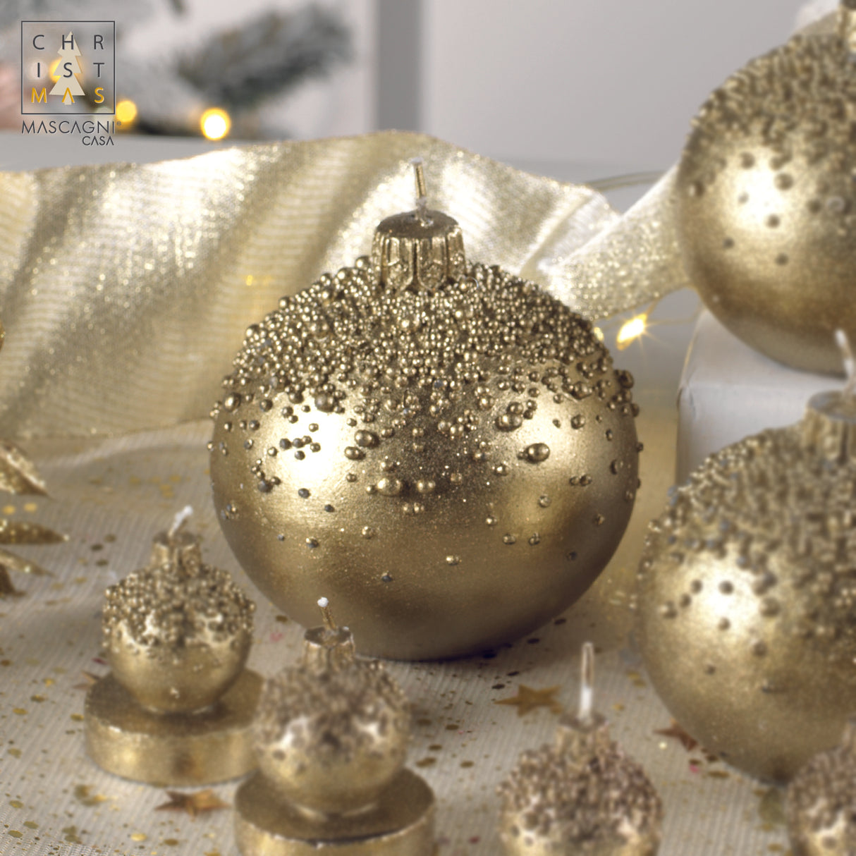 MASCAGNI CASA - Candela di Natale Oro Sfera 9 cm Decorazione Natalizia Cero