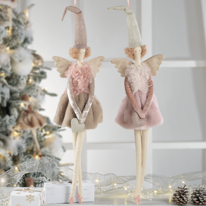 MASCAGNI CASA Pendaglio Angelo di Natale da Appendere in Tessuto 60cm Marrone Rosa (Assortite)