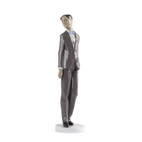 Statuetta fidanzato Lladrò in porcellana lucida con papillon blu 29x7 cm