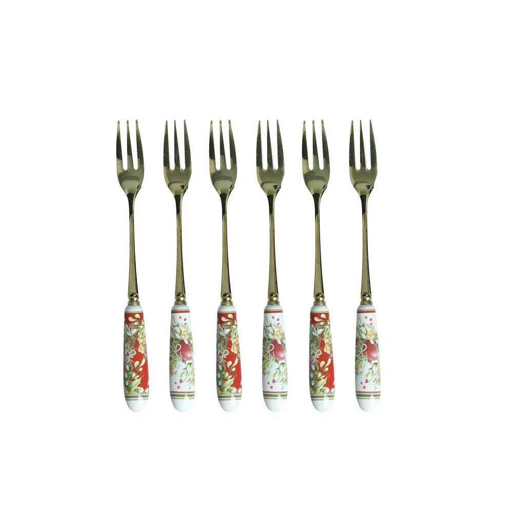 BRANDANI Carol Forchettina da Dolce Natalizia Set 6 Pezzi 15,5cm Ceramica e Acciaio Inox