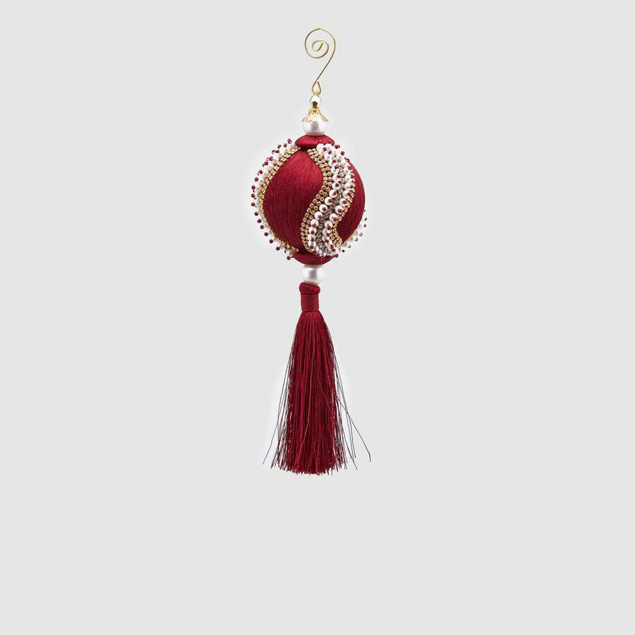 EDG Enzo De Gasperi Sfera Pallina Albero di Natale con Perle 8cm Velluto con Nappa Bordeaux