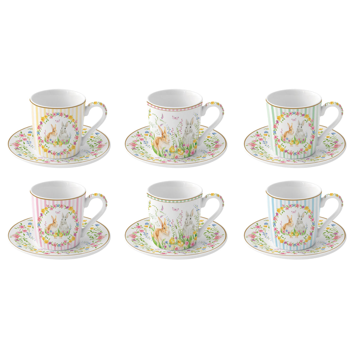 EASY LIFE Happy Easter Set 6 Tazzine Caffè Espresso con Piattini 100ml Porcellana