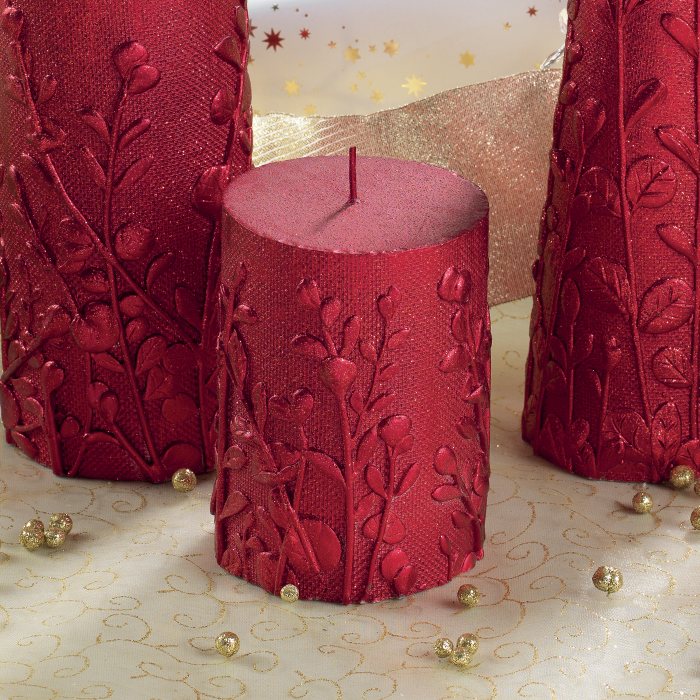 MASCAGNI CASA Cero Candela Decorata 10cm Decori in Rilievo Rosso