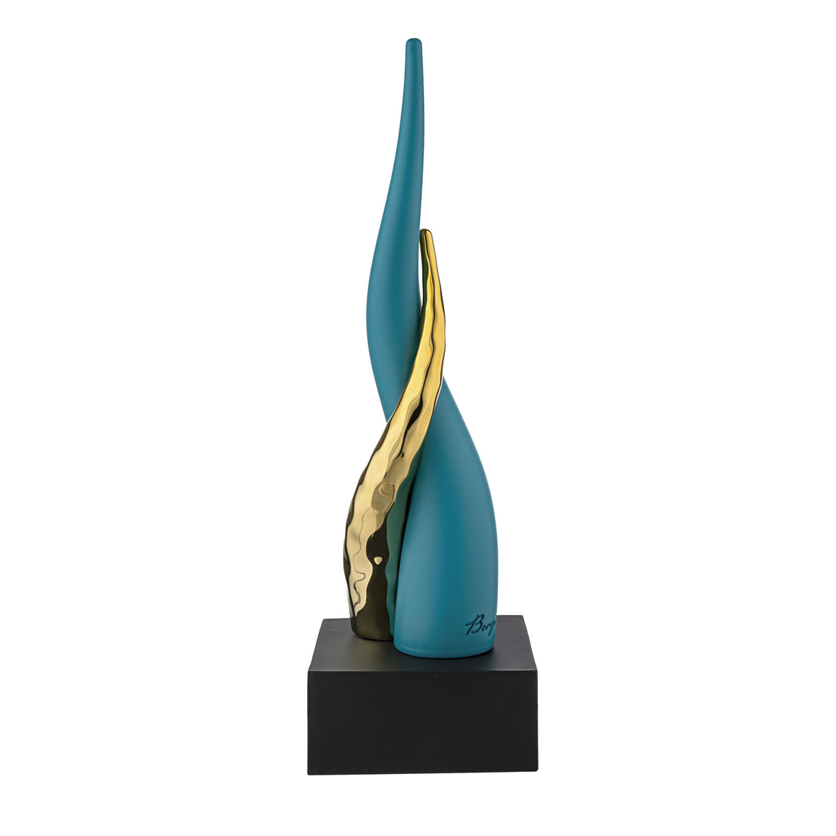 BONGELLI PREZIOSI Corno Cornetto Portafortuna 38cm Ottanio e Oro Base Nera Marmorino