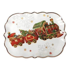 Vassoio natalizio Brandani decoro trenino in porcellana 33,5x25 cm