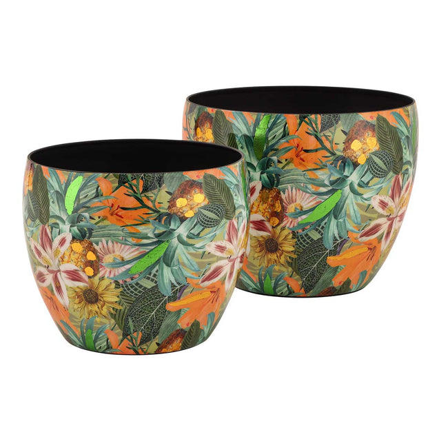 Vaso portapiante Exotic Palais Royal in metallo con decoro tropicale 16x16 cm