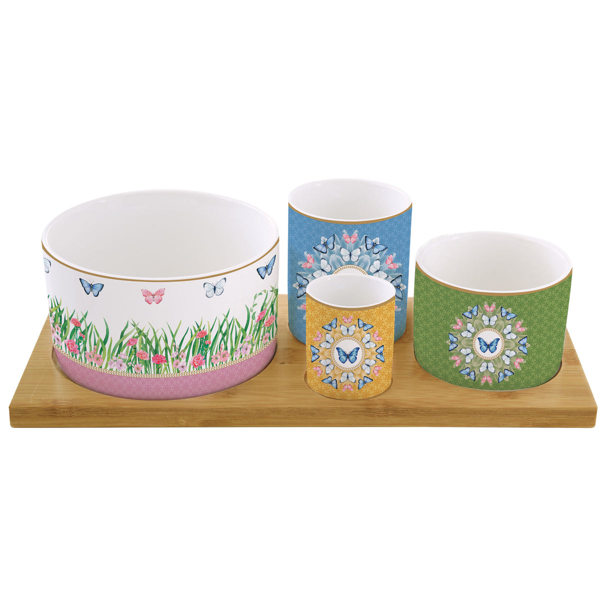 EASY LIFE Spring Parade Set Aperitivo in Bamboo con 4 Ciotole in Porcellana 29x13cm