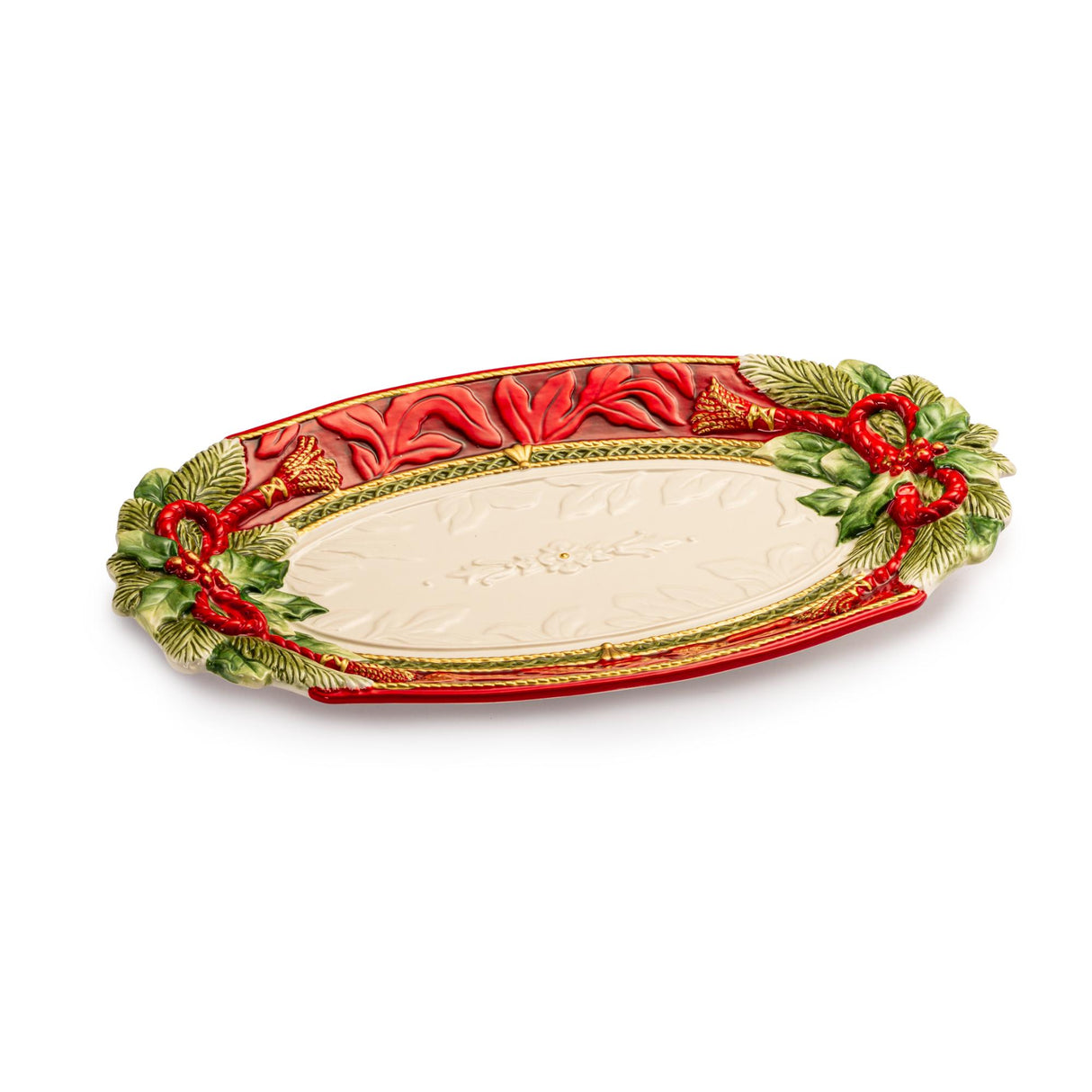 FITZ & FLOYD Vassoio Centrotavola Ovale 34x20cm Rosso Porcellana Tavola di Natale